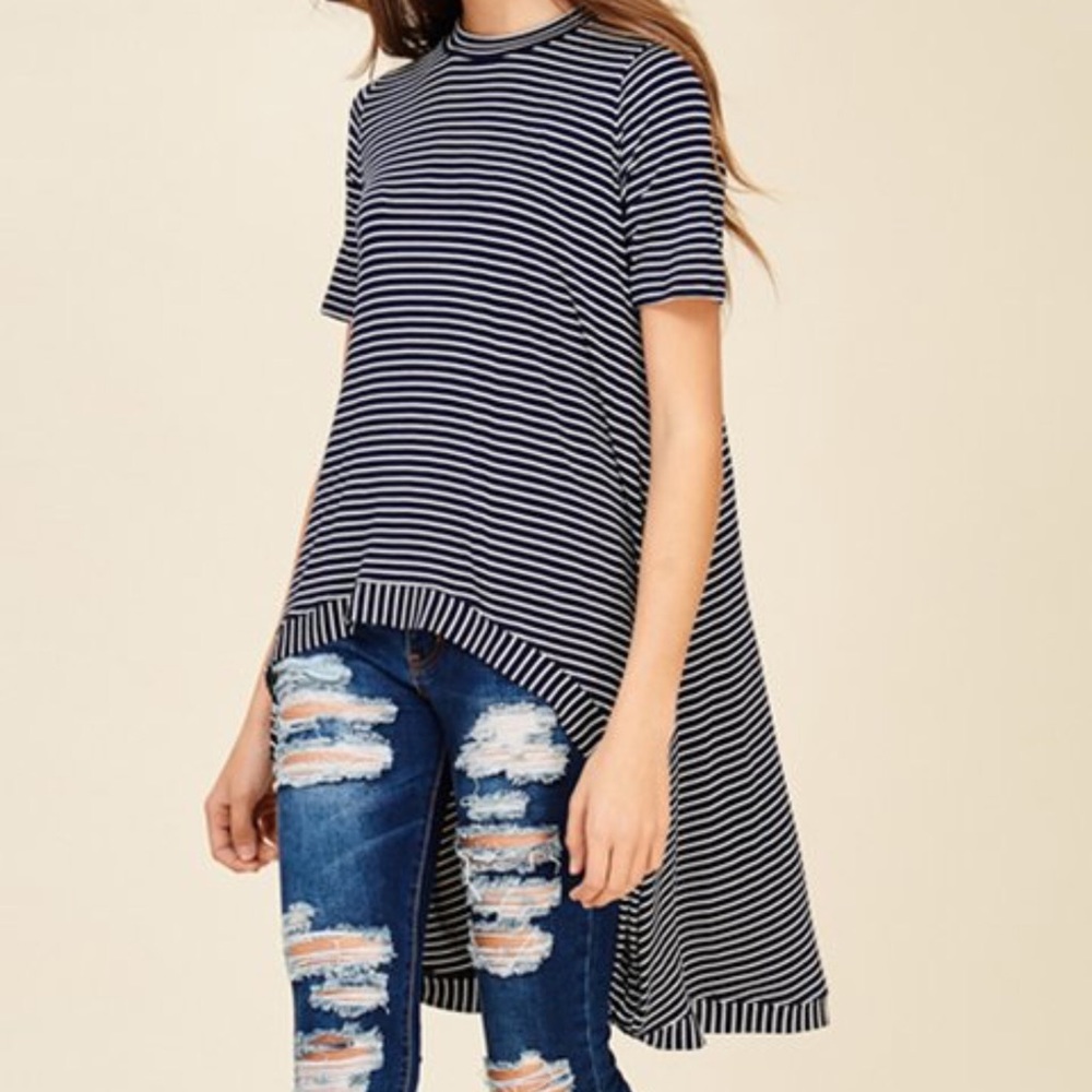 NAVY & IVORY STRIPED HI LOW TUNIC